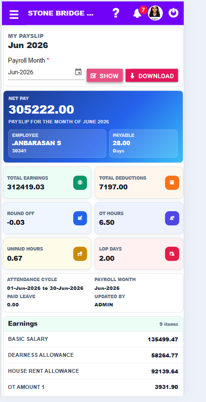 LotusHRM employee self service payslip screen