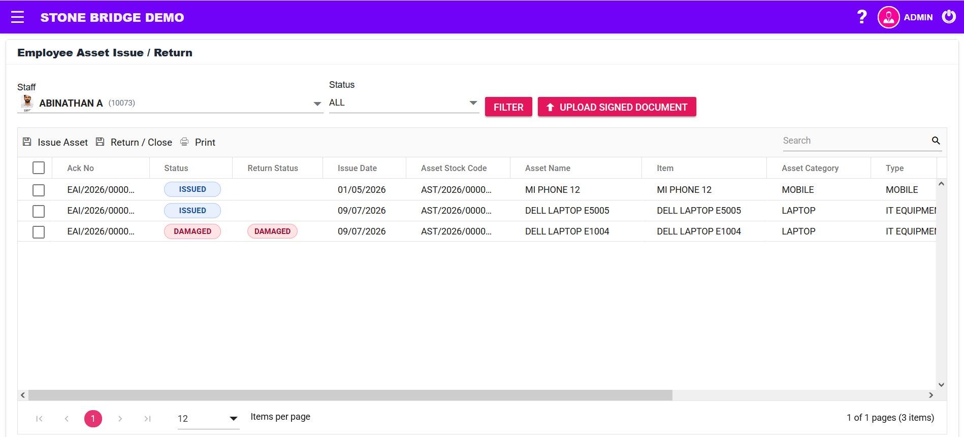 LotusHRM employee asset issue and return screen