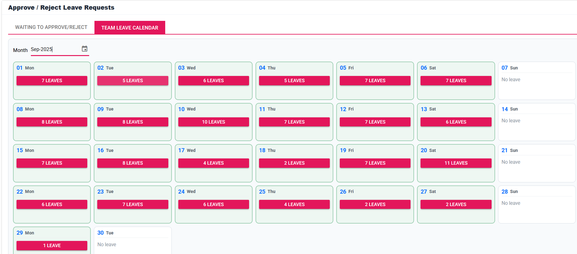 LotusHRM leave and approval team calendar
