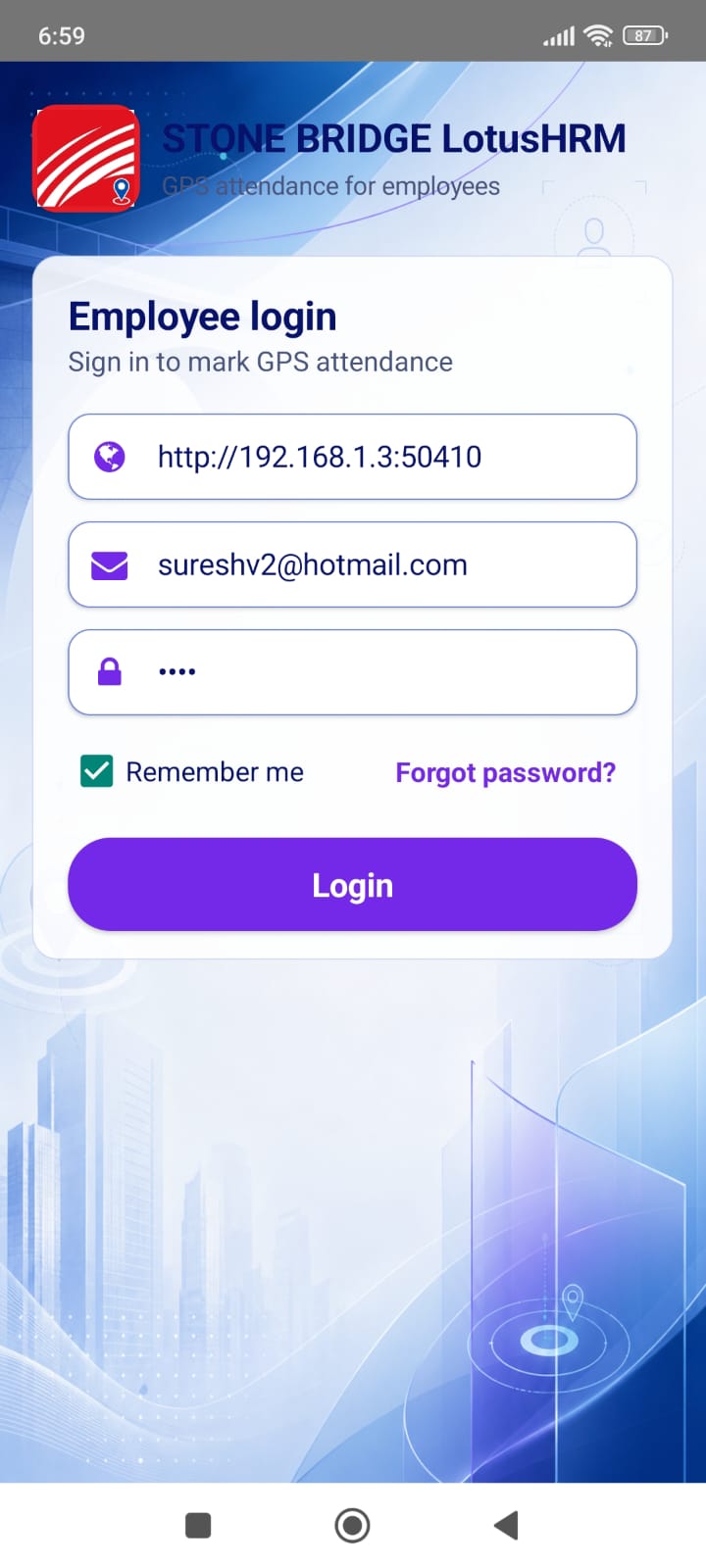 LotusHRM mobile login screen