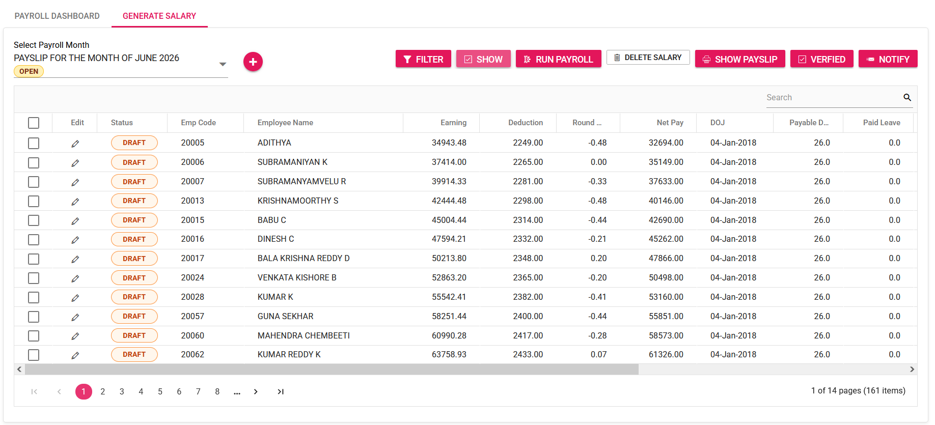 LotusHRM salary processing screen