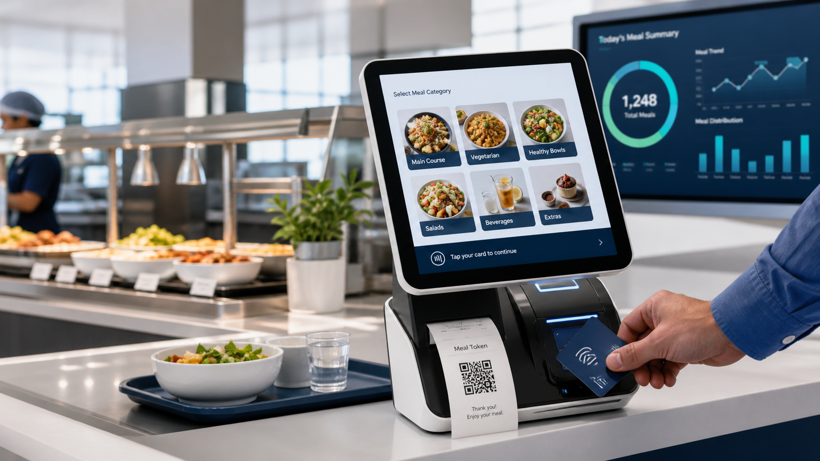 Modern employee canteen POS, digital meal token and analytics workflow